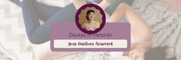 banner with doula helping a person on the back and a smile woman on the front explaining top questions about doulas in helsinki