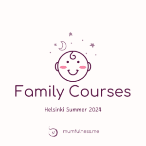 graphic with a baby face and info about family courses helsinki summer 2024