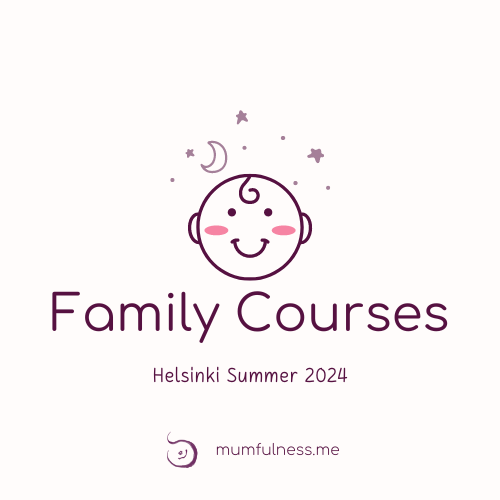 graphic with a baby face and info about family courses helsinki summer 2024