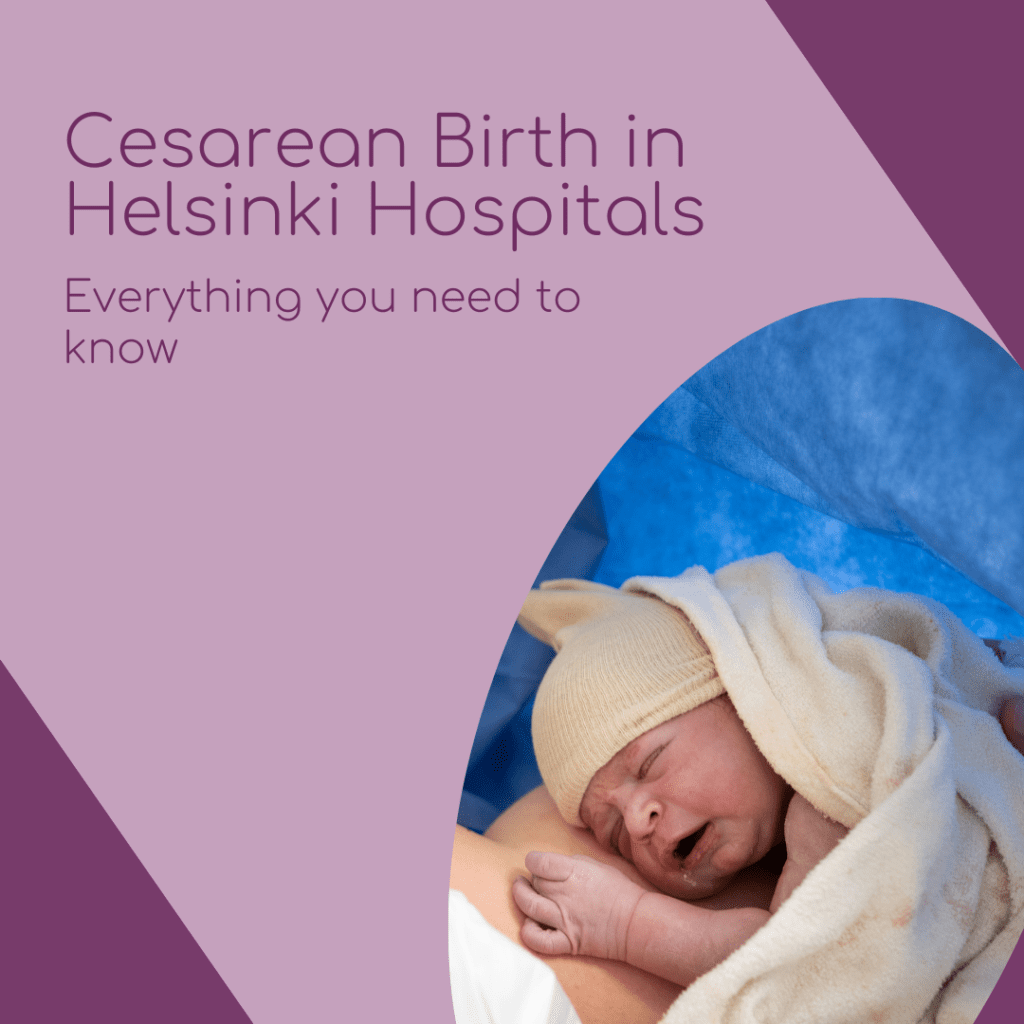 text about cesarean birth in helsinki and image of a baby born by cesarean